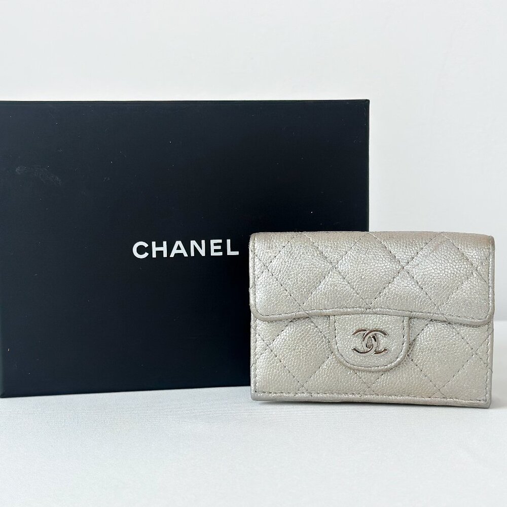 Chanel Quilted Caviar Trifold Wallet Silver